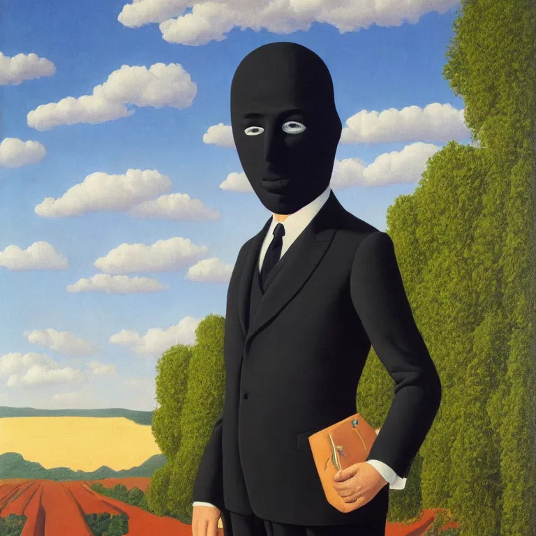 Image similar to portrait of a faceless masked - head man in a suit and black gloves, clouds and nature landscape in the background, by rene magritte, detailed painting, distance, centered, hd, hq, high resolution, high detail, 4 k, 8 k