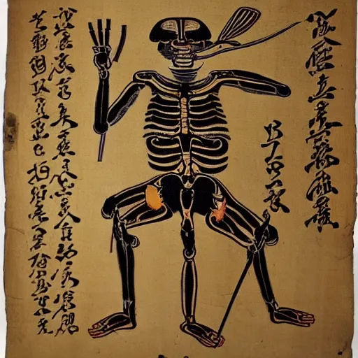 Prompt: an ancient papyrus depicting a japanese yokai's anatomy and information