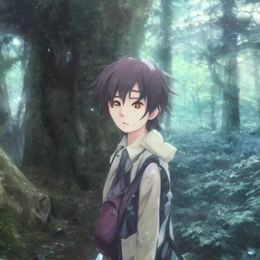 Image similar to closeup of an anime character in the woods, hyperrealistic, trending on pixiv fanbox, painted by greg rutkowski makoto shinkai takashi takeuchi studio ghibli, akihiko yoshida