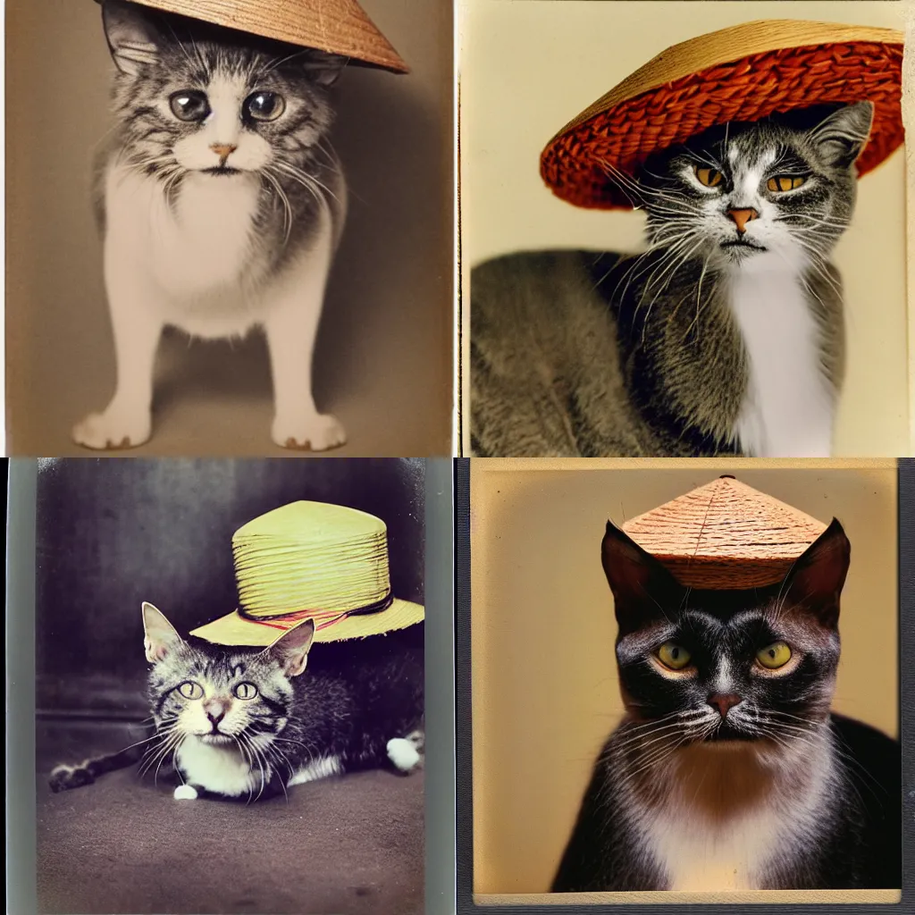 Prompt: A portarit of an old Vietnamese cat wearing a Vietnamese straw hat and with giant brows looking scared to the camera, polaroid photo, colored, award winning