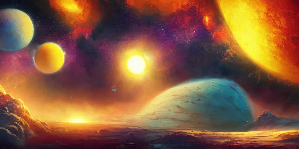 Image similar to a detailed matte painting of a marble - like water planet with continents orbiting a yellow sun in a sea of stars surrounded by colorful swirling gas clouds, by petros afshar, marc simonetti and alena aenami, trending on artstation, deviantart, planet, earth, exoplanet, stars, hubble, 8 k, 4 k