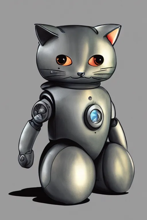 Image similar to a cute cat robot, futuristic, painted by wally wood and matt jefferies, trending on artstation, steam punk, bright macro view pixar, award - winning, blueprint, chillwave, realism