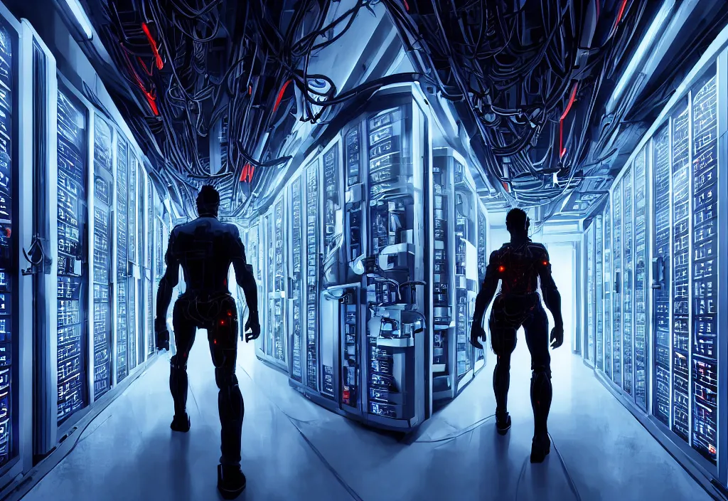 Image similar to shot of film cyborg walking in detailed server room in data center, character design, great composition perspective, vivid color, complementary color, detailed, sharp lines, trending on artstation, volumetric lighting, dramatic lighting by yoichi hatakenaka, cyberpunk art by asher brown durand