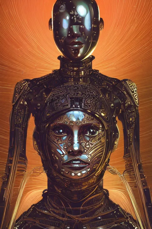 Image similar to retro-futuristic portrait of a beautiful damaged female android in dusty chrome armour with wires hanging, ornate background, light from below, ornate pattern, glowing eyes, evil expression, high details, intricate details, renaissance painting by vincent di fate, artgerm julie bell beeple, 80s, Smooth gradients, High contrast, depth of field, very coherent symmetrical artwork