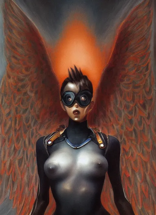 Image similar to full body artwork of tracer overwatch wearing leather collar in style of zdzisław beksinski, angel wings, dramatic painting, symmetrical composition, wearing detailed leather collar, black shiny armor, chains, black harness, detailed face and eyes,