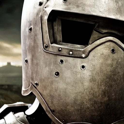 Image similar to close - up of an armoured knight in a movie directed by christopher nolan, movie still frame, promotional image, imax 7 0 mm footage