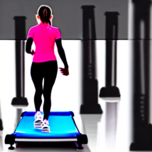 Image similar to A woman walking on a treadmill with her dog walking on a smaller treadmill next to her