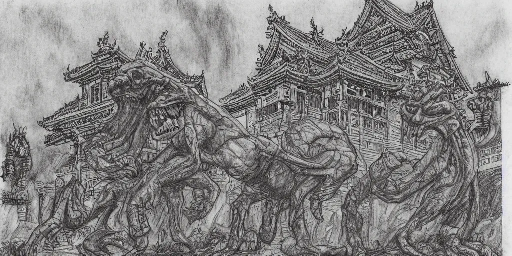 Prompt: Huge monster from under the bed, in front of the temple, drawn by a queasy old man