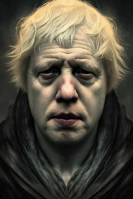 Image similar to perfectly - centered horror portrait - photograph of boris johnson as daenarys targaryen real life portrait by beksinski and jean delville, unreal engine 5, photorealism, hd quality, 8 k resolution, cinema 4 d, hdr dramatic cinematic lighting