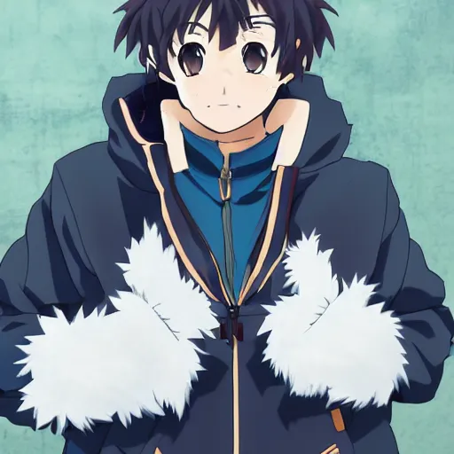 Image similar to key anime visual portrait of an anthropomorphic anthro wolf fursona, in a jacket, with handsome eyes, official modern anime art