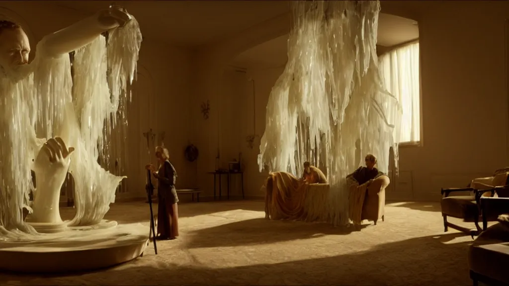 Image similar to a giant hand made of wax and water floats through the living room, film still from the movie directed by Denis Villeneuve with art direction by Salvador Dalí, wide lens