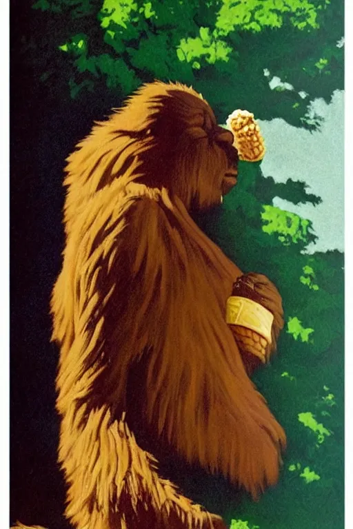 Image similar to bigfoot eating an ice cream cone, masterpiece, dramatic light and shadow, saturated colors, ciaroscuro. painted by norman rockwell