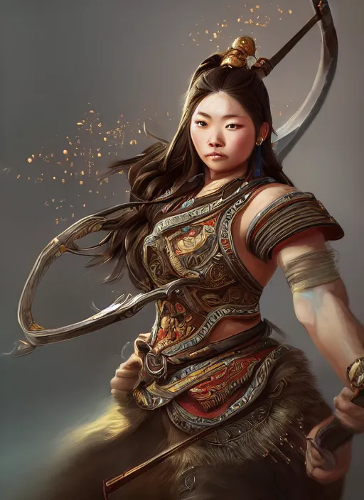 Image similar to a highly detailed illustration of fierce mongol warrior woman with bow, heroic shooting bow pose, intricate, elegant, highly detailed, centered, digital painting, artstation, concept art, smooth, sharp focus, league of legends concept art, wlop.