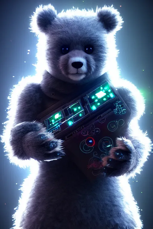 Image similar to high quality 3 d render very cute fluffy cyborg!! bear! plays electric viola, cyberpunk highly detailed, unreal engine cinematic smooth, in the style of blade runner & detective pikachu, hannah yata charlie immer, moody light, low angle, uhd 8 k, sharp focus