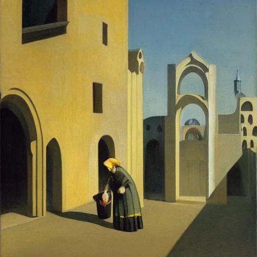 Image similar to in the distance, a little girl with short black hair and wearing a yellow coat alone in the inner courtyard of an abbey, the light is bright and wintry, painting by hopper and de chirico