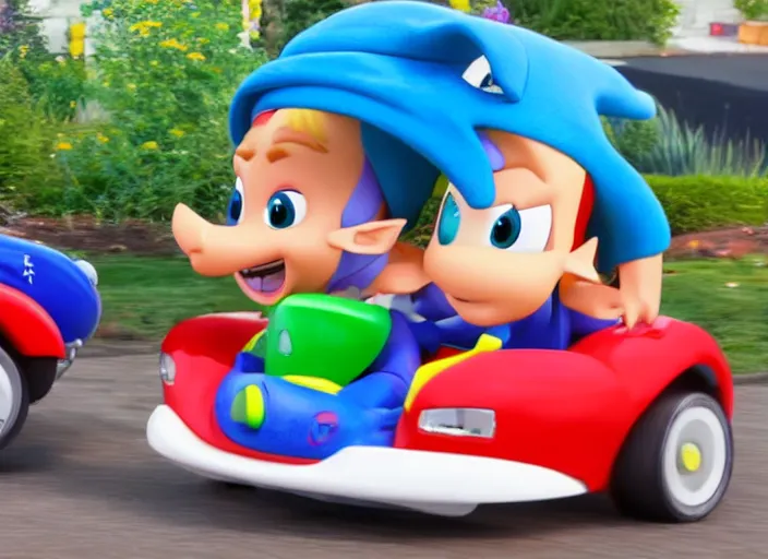 Image similar to steve buscemi driving a little tikes cozy coupe, movie still, from the new zelda game, 8 k, realistic