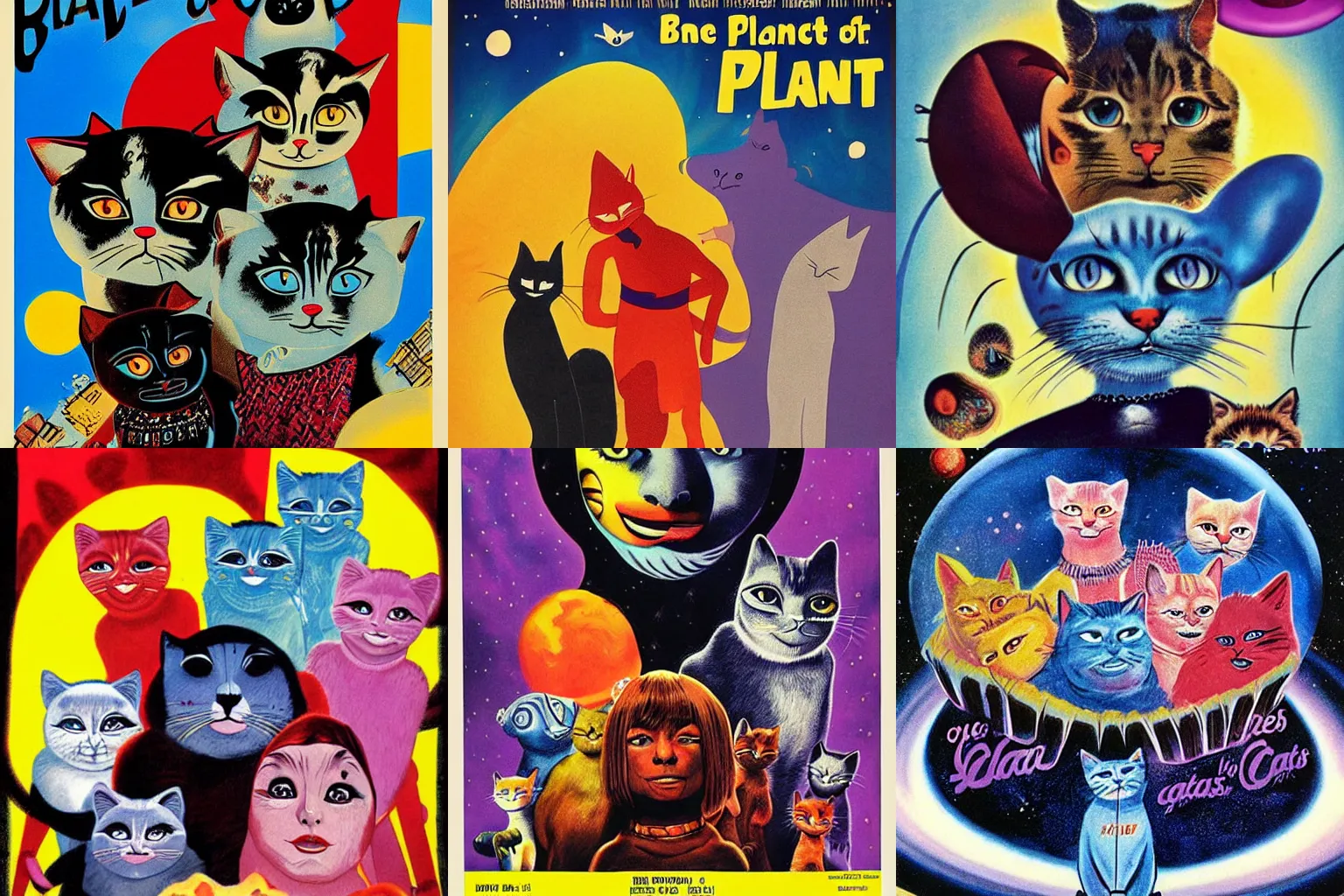 Prompt: Planet of the cats, 1968, movie poster, vintage illustration