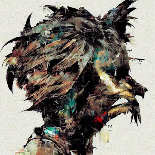 Image similar to portrait of a digital bird on the shoulder of a womain progressively rasterized into pixels, by yoji shinkawa, esao andrews and dave mckean