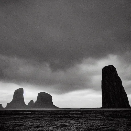 Image similar to a taiga with a large monolith hovering above it. overcast sky, snowing.