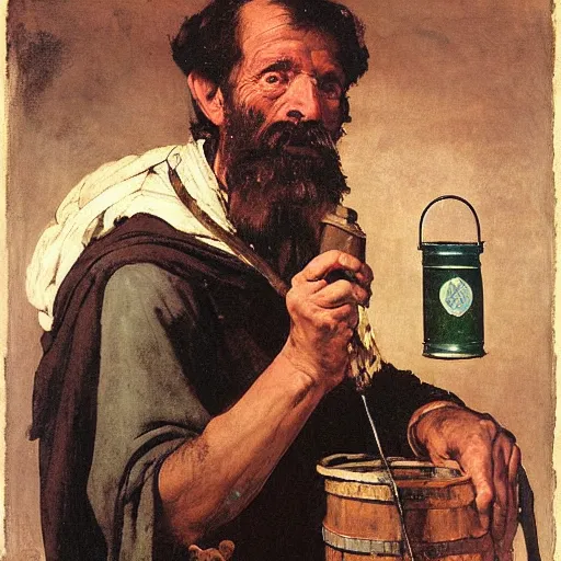 Image similar to Portrait Portrait of Diogenes the Cynic donning hobo costume whilst holding a lanthorn lantern whilst resting in an enormous wine cask winslow homer theodore gericault norman rockwell donato giancola john william waterhouse maxfield parrish mikhail vrubel arkhip kuindzhi astri lohne stained lacquer glaze