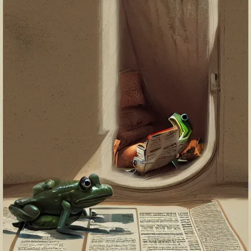 Prompt: A frog reading the newspaper in his armchair in the background books near a window by Greg rutkowski, Trending artstation