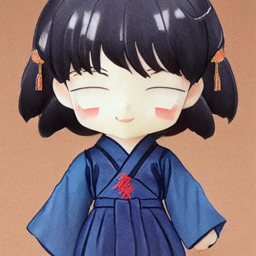 Image similar to beautiful water color concept art of face detailing cute nendoroid girl in the style of ukiyoe , toon rendering, close-up, no shade, modern art