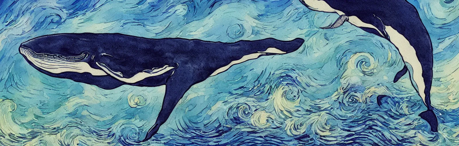 Prompt: anatomically correct whale, aesthetically pleasing composition, watercolor painting by hayao miyazaki and vincent van gogh, masterful, sharp focus, rich texture, rich vivid color, dynamic, energetic, lively, perspective, elegant design, high detail, hdr.