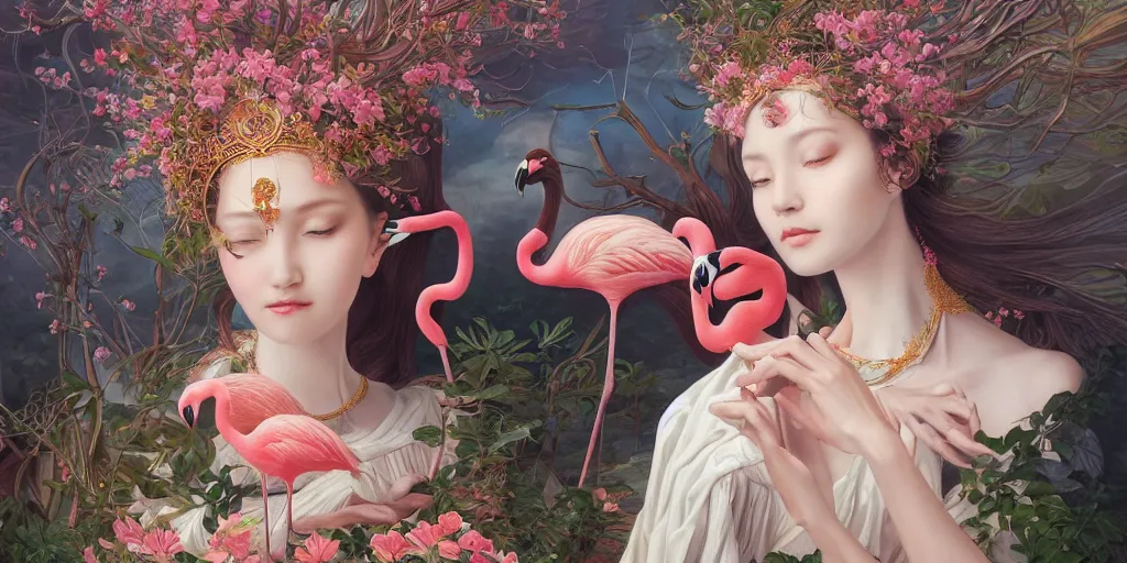 Image similar to breathtaking detailed concept art painting of the goddess of flamingo, orthodox saint, with anxious, piercing eyes, ornate background, amalgamation of leaves and flowers, by Hsiao-Ron Cheng and John James Audubon and Miho Hirano, extremely moody lighting, 8K