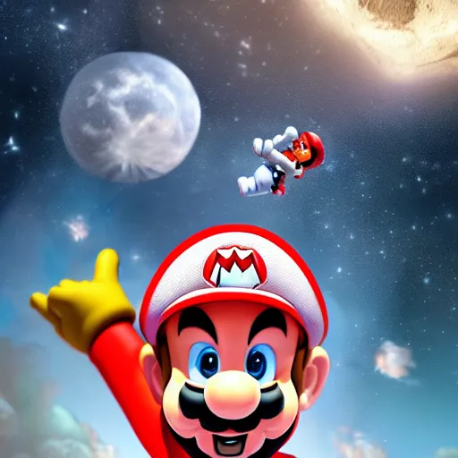 Prompt: A hyper real comic book style portait painting of Super Mario as an astronaut on the moon riding a horse, unreal 5, hyperrealistic, octane render, cosplay, RPG portrait, dynamic lighting