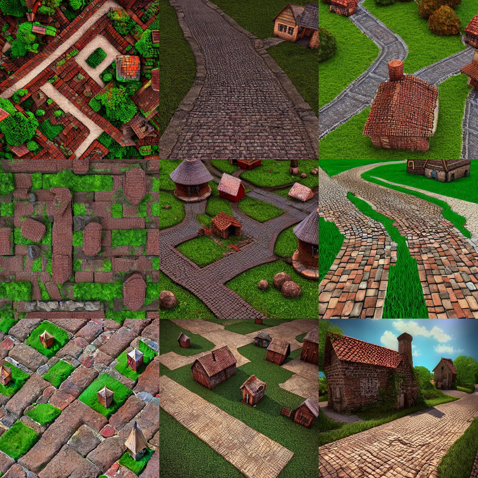 Prompt: Folk fairy tale village cobblestone fantasy brick road. 4k. digital 3d professional render. Asset. Substance 3d texture. Quixel megascan. flat 2d texture. Top down.