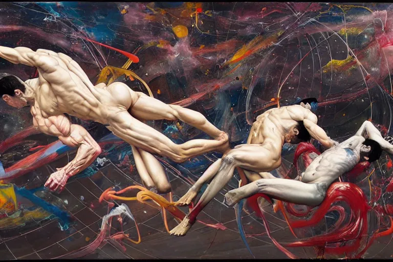 Image similar to muscular men entwined together, floating in space, zero gravity, inside a brutalist space ship, gothic, rich deep colours, painted by francis bacon, adrian ghenie, james jean and petra cortright, part by gerhard richter, part by takato yamamoto. 8 k masterpiece