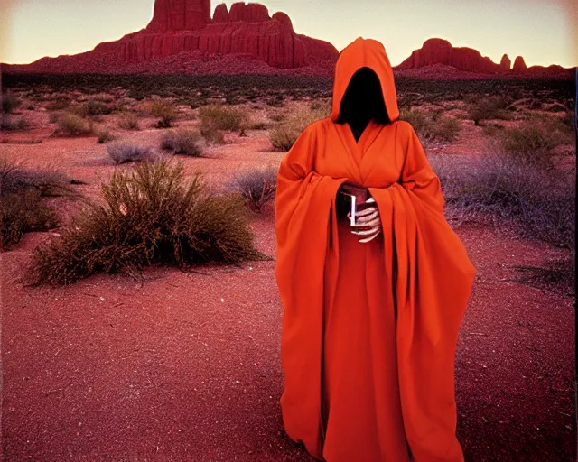 Image similar to by bruce davidson, by andrew boog faithfull redscale photography evocative. a mystical woman in scarlet robes, conical hot in front of a desert mesa.