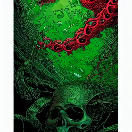 Image similar to a glowing red skull in a green sea enveloped by jellyfish tendrils and black seaweed by josan gonzalez and dan mumford, highly detailed, high contrast