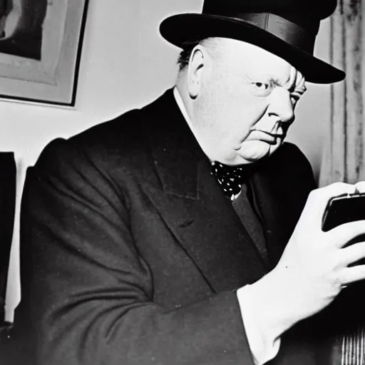 Image similar to A black and white photograph, circa 1940s, of Winston Churchill looking down at his smartphone