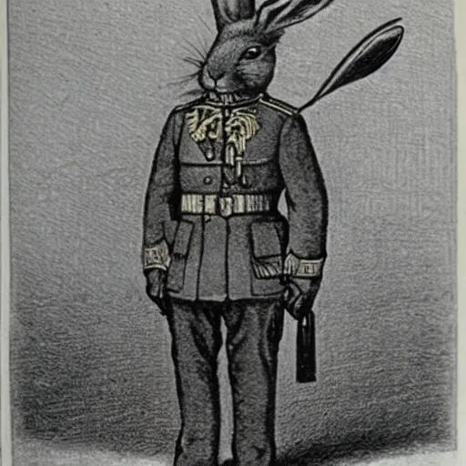 Image similar to an illustration from a book showing a rabbit wearing an Imperial Russian Officer's uniform