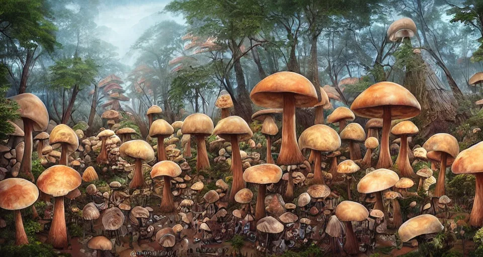 Prompt: A tribal village in a forest of giant mushrooms, by ARTGERM