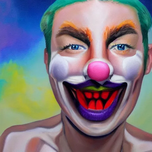 Prompt: A realistic painting of a human face, with a blue mouth, red nose, orange eyes, purple ears.