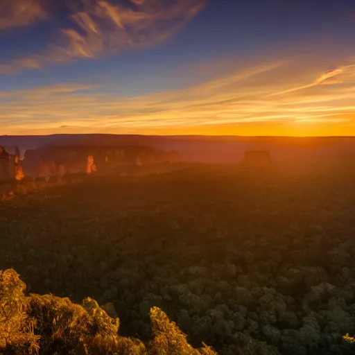 Prompt: the sunrise reveals what's beyond the blue mountains of Yavin 5, landscape photography 4k