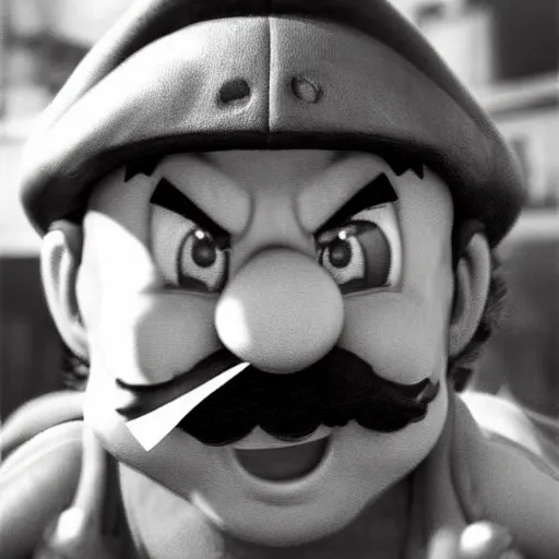 Prompt: gritty realistic mario big nose angry award winning photograph by Tarkovsky