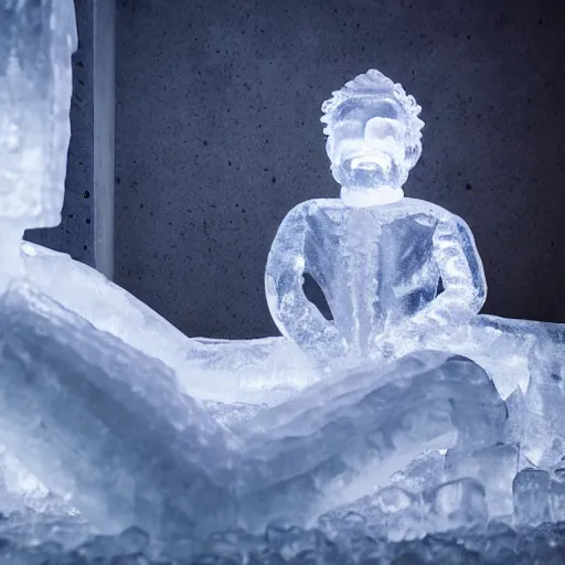 Prompt: long shot of an ice statue of a dwarf peacefully sleeping on his bed, stunning digital art high detail 4k octane