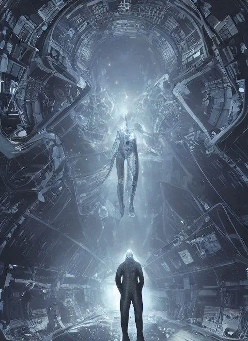 Image similar to astronauts in dark and empty void underwater - complex and hyperdetailed technical suit. reflection and dispersion materials. rays and dispersion of light. volumetric light. 5 0 mm, f / 3 2. noise film photo. flash photography. ultra realistic, wide angle. poster by wayne barlowe, hajime sorayama aaron horkey, craig mullins