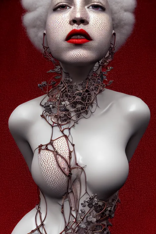 Prompt: complex 3 d render, hyper detailed ultrasharp beautiful biomechanical mandelbrot fractal steampunk filigree mesh wire female cyborg portrait with a porcelain profile face, albino afro, red lips, rim volumetric lights, elegant crown with hydrangea foliage leaves stems roots, alexander mcqueen haute couture, art nouveau fashion, hyperrealistic, octane render, 8 k