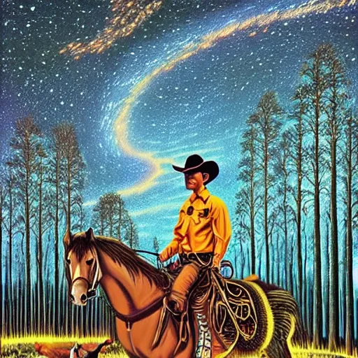 Prompt: psychedelic, trippy, cowboy, horse, pine forest, planets, milky way, cartoon by rob gonsalves