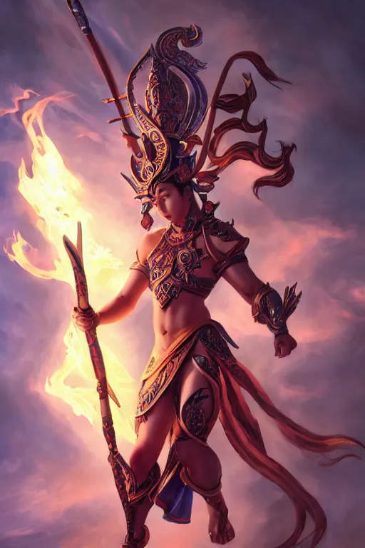 Prompt: a masterpiece portrait of nezha, legendary god holding spear and stand in flame, hero action pose, fantasy character portrait, closeup shot, hyper detailed, digital painting, 8 k realistic, trending on artstation, sharp focus, dof, by fenghua zhong, artgerm, ne zha from smite, tsuyoshi nagano, artgerm