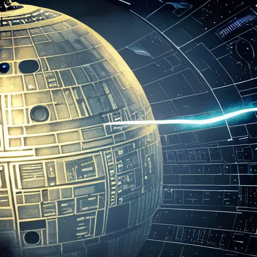 Image similar to high - quality photo of steampunk style death star, firing lasers.