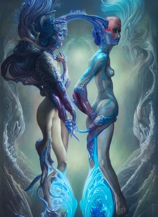 Image similar to beautiful gemini good and evil fantasy female character portrait, highly saturated colors, ultra realistic, wide angle, intricate details, the fifth element artifacts, holographic undertones, highly detailed by peter mohrbacher, hajime sorayama, wayne barlowe, boris vallejo, aaron horkey, gaston bussiere, craig mullins