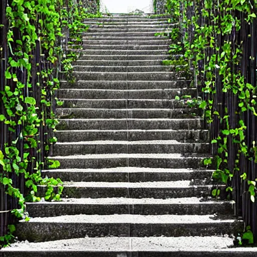 Image similar to a set of stairs with vines growing up them, a raytraced image by Tadao Ando, flickr contest winner, environmental art, streetscape, vray, national geographic photo