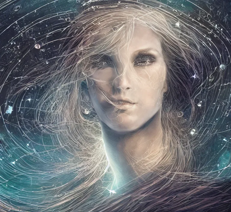 Image similar to beautiful celestial woman with long hair wrapping downward around earth seen for space, hyper-detailed, smooth, sharp focus, depth map, digital painting, apocalyptic art, fantasy dark art, 4k ultra hd, cinematic