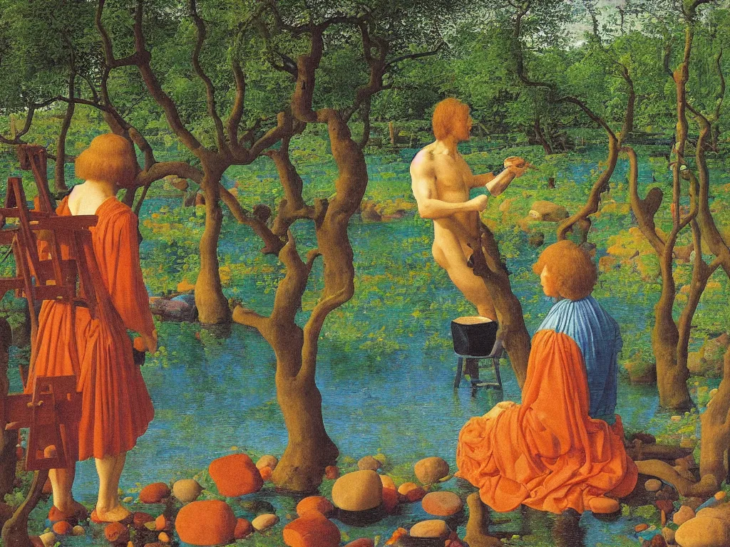 Image similar to Portrait of an artist painting at his easel knee deep in a river. Humanoid rocks, coral-like pebbles, spring orchard in bloom. Painting by Jan van Eyck, Georges de la Tour, Rene Magritte, Jean Delville, Max Ernst