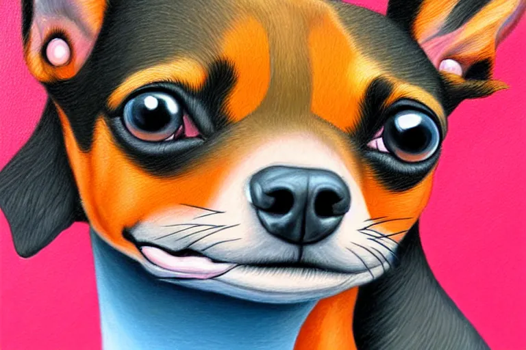 Prompt: detailed painting of a min pin dog by tim shumate